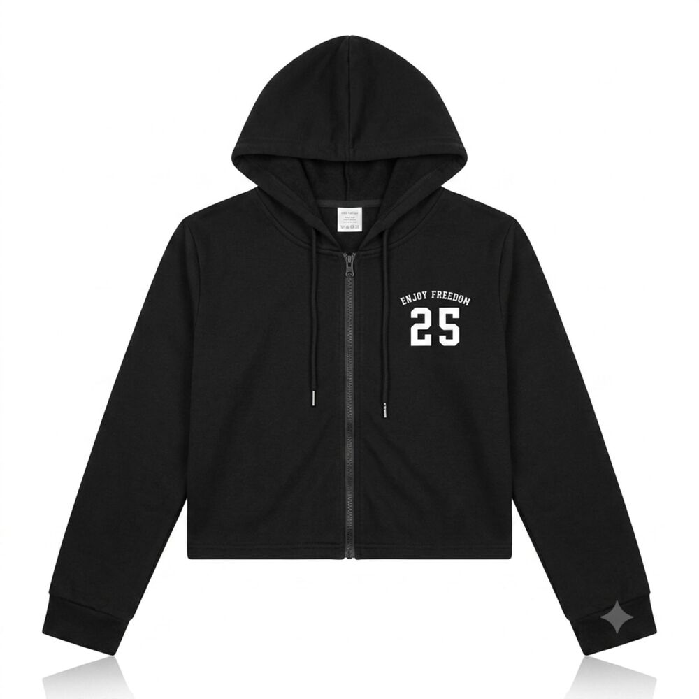 Black Zip-Up Cropped Graphic Hoodie